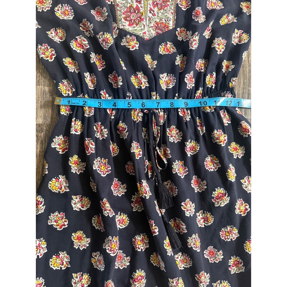 LOFT Womens Navy Blue Floral Boho Midi Dress Cap Sleeve Tassel Waist Small - Picture 8 of 11